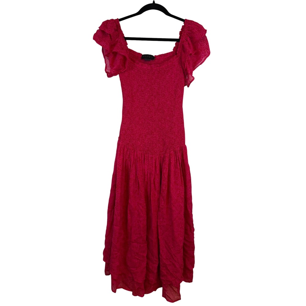 HATCH Pink Floral Smocked Midi Dress Ruffle Sleeve Magenta Sz 0